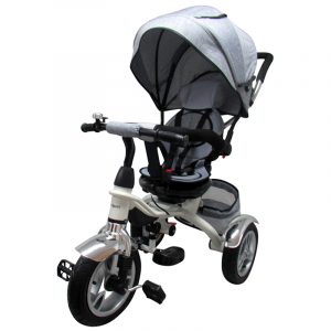 Tricikli felfújható kerékkel, szülőkaros tricikli, szürke színben